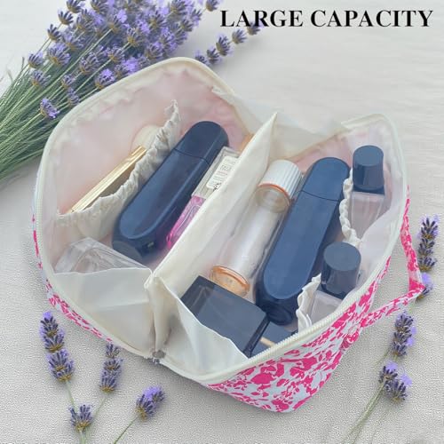 Rose Red Large Quilted Floral Makeup Bag Cute Coquette Aesthetic Cosmetic Bag Open Flat Travel Toiletry Make up Bag for Women - color: C-lay flat rose red