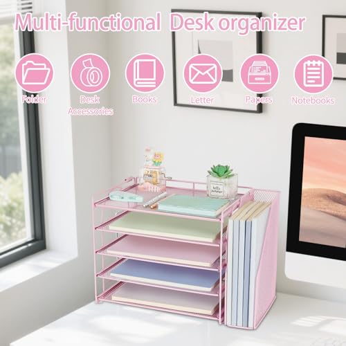 AUPSEN Pink Desk Organizers and Accessories, 5-Tier Desktop Paper File Organizer with Removable File Holder, Desk Accessories & Workspace Organization for Home Office Supplies (Pink) - color: Pink
