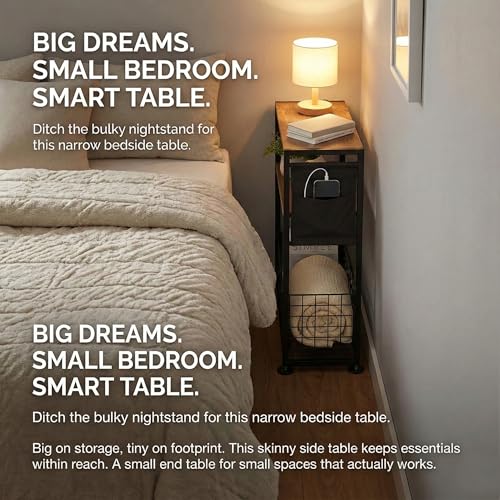 Skinny Side Table with Storage, 3 Tier Slim Side Tables for Small Spaces, Skinny End Table Narrow Bedside Table Narrow Side Table for Living Room, Bedroom - color: Rustic Brown