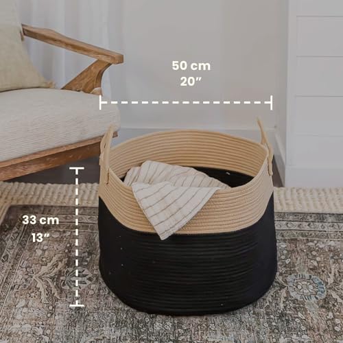 OrganiHaus Large Woven Storage Basket for Blankets and Toys 20" x 13" Inch, Rope Laundry Basket with Handles, Cushions & Pillows Storage Bin, Nursery Hamper, Soft Round Dog Toy Bin - Black/Honey - color: Black / Honey, size: Wide