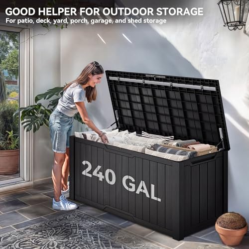 YITAHOME XXL 240 Gallon Large Outdoor Storage Deck Box for Patio Furniture, Outdoor Cushions, Garden Tools and Sports/Pools Equipment, Weather Resistant Resin, Lockable (Black) - color: Black, size: 240 Gallon, style: Deck Box