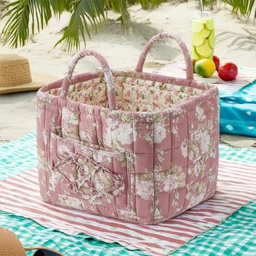 Fabric Baskets for Storage - Quilted Boho Floral Basket with Handles, Foldable Organizer for Home, Office, Clothes, Blankets, Books or Toys - 12'' x 10'' x 10''(Multi) - color: Multi