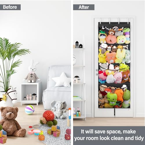 Woodoulogy Hanging Stuffed Animal Storage, Over Door Large Plush Toy Organizer with Metal Hook, Baby Accessory Holder Idea for Nursery, Doll & Bear Mesh Hammock Bag for Girl Boy Kid Room - color: Black
