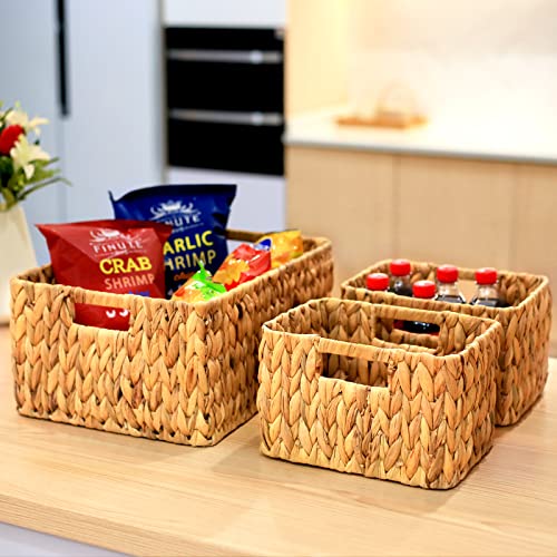 HOONEX Water Hyacinth Storage Baskets, Wicker Baskets for Storage, Hand Woven Baskets with Carry Handles, Set of 3, Natural - color: Natural (Water Hyacinth), size: 17"D x 12.2"W x 7.5"H