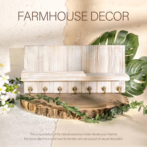 Rebee Vision Farmhouse Key Holder Wall Mount with Mail Organizer - Rustic Key and Mail Holder for Wall with Shelf and 7 Key Hooks - Wooden Apartment Essentials for Room Decor (Natural Wood,15-inch) - color: Natural Wood, size: 15-inch