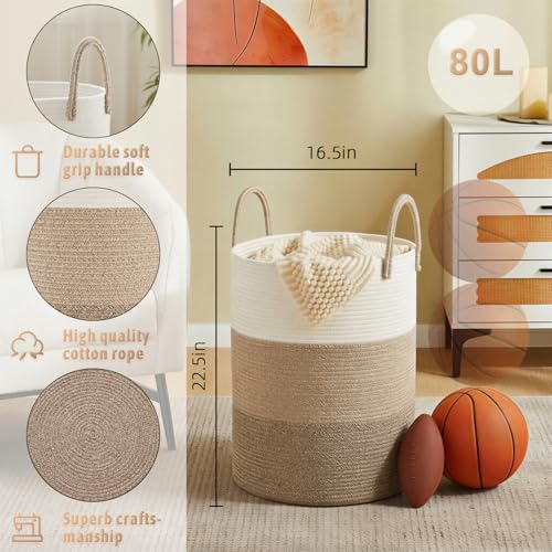 Artfeel Laundry Basket,Woven Cotton Rope Laundry Hamper,80L for Decorative Storage of Dirty Clothes,Toys and Blankets in Bathroom,Bedroom and Living Room - color: Brown & White, size: 80L