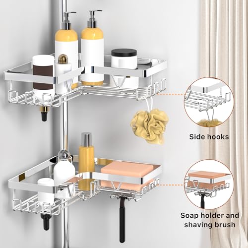 KEGII Corner Shower Caddy Tension Pole - Chrome 4-Tier Adjustable Shower Tension Rod Organizer with Hooks & Soap Holders, 25-114.2 Inch Stainless Steel Shower Storage Rack for Renters & Family - style: Tension Caddy - Chrone