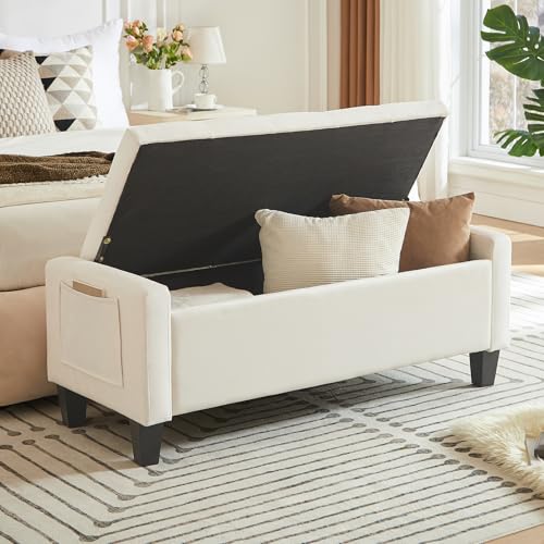 47.2" Velvet Storage Ottoman Bench, End of Bed Bench with Two Side Pockets, Organizer Storage Chest, Upholstered Foot Rest with Legs, Load up to 400 lb, for Bedroom, Living Room, Entryway, Beige - color: Beige