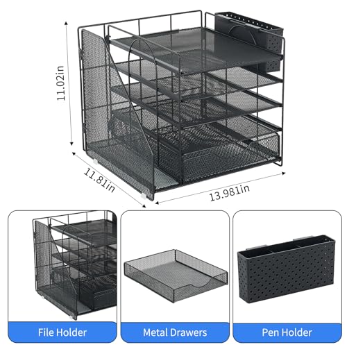 Desk Organizer with Drawer and Pen Holder, 5-Tier Paper Letter Tray Organizer with File Holder, Suitable for Workspace Organizer Office Supplies Storage (Black) - color: Black