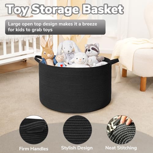 Goodpick Large Blanket Basket, 22"X 14" Woven Rope Baby Basket, Black Blanket Storage for Dirty Clothes, Kids Toy Storage Organizer Bins for Living Room - color: Black, size: 21.7x21.7x13.8 Inch (Pack of 1)