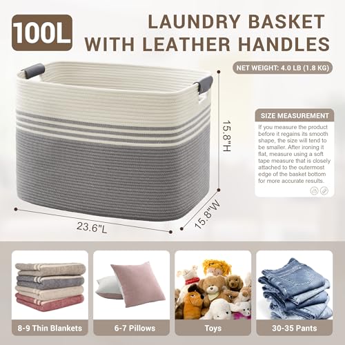 100L Extra Large Laundry Basket with Leather Handles for Living Room Storage, Woven Rope Baskets for Blanket, Kids Toy, Gifts, Wicker Hamper for Bedroom Dirty Clothes, 24"x16"x16" White Grey - color: Grey, size: 100L