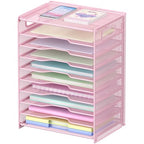 OUTWOLF 10 Tier Paper Organizer - Letter Tray Mesh Desk File Organizer with Handles for Office School Desktop, Pink - color: Pink