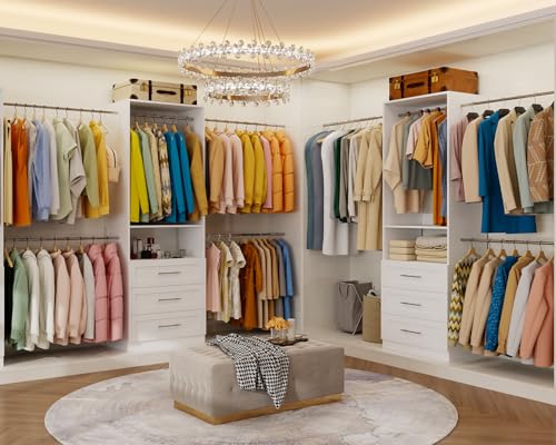 vomavex Closet System of 2 Set, 4-18FT Closet Organizer System with 10 Hanging Rods & 6 Wood Drawer & Adjustable Shelves, Walk in Closet Storage System, Free Standing Closet System, White - color: 4-18ft