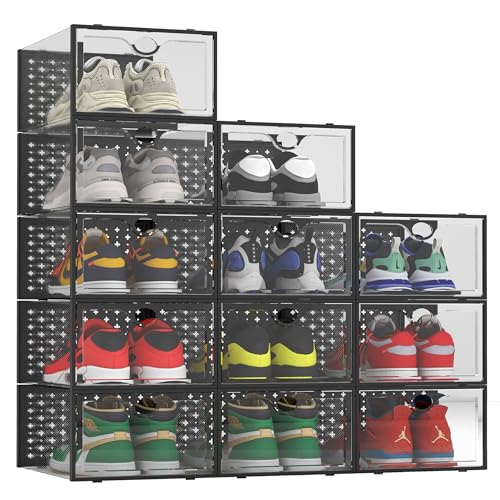 Pinkpum 12 Pack XXL Shoe Storage Box Fit for Size 14, Clear Plastic Stackable Shoe Organizer for Closet, Shoe Containers Sneaker Storage Clear and Black - color: Black, size: 12 Pack XX-Large