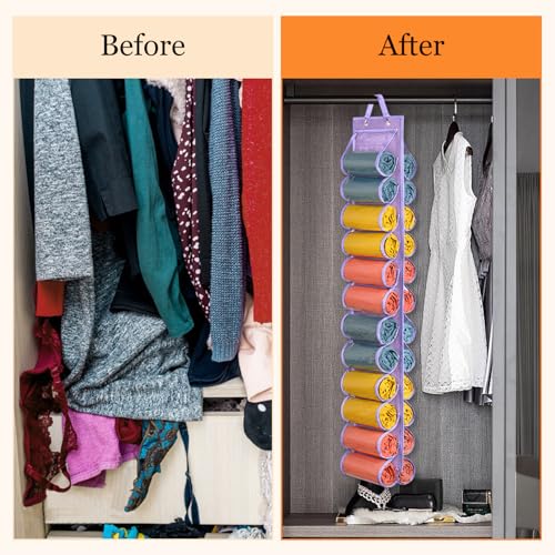 Lirex Hanging Yoga Legging Storage Organizer with 24 Pockets, Foldable Oxford Cloth Hanging Closet Organizer Shirts Jeans Storage Hanger Socks Holder for Family Closet Bedroom, Purple - color: Purple