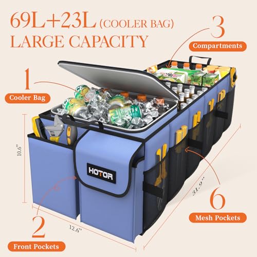 HOTOR Trunk Organizer, Sturdy Foldable with Cooler for Car & SUV, 3 Compartments, Blue, 30.90”×12.60”×10.63” - color: Blue, size: Large
