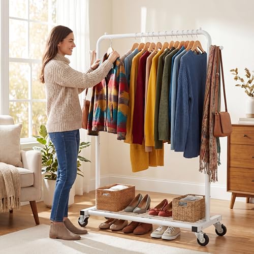 Sywhitta Clothing Rack on Wheels with Mesh Storage Shelf & Sturdy Metal Frame, Rolling Garment Rack for Hanging Clothes, Coats, Skirts, 39.76" L x 16" W x 64.56" H,White - color: White