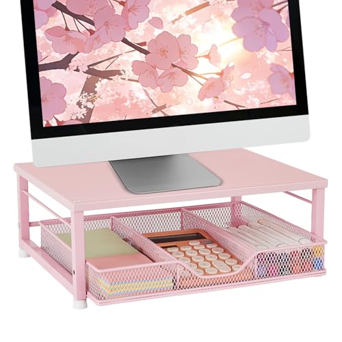 Small Pink Laptop Stand for Desk, Monitor Stand, Office Desk Accessories, Computer Desktop Stand with Drawer for Home, Office, School (Pink) - color: Pink