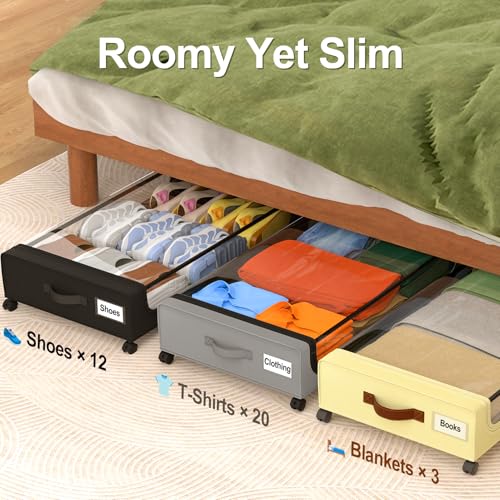 GoMaihe Under Bed Storage with Wheels:48L Underbed Storage Containers with Lids - Rolling Bins for Shoes Clothes in Dorm Bedroom - Metal Drawers Easy Pull-out Beige 4-Pack - color: Beige, size: Large(4Pack)