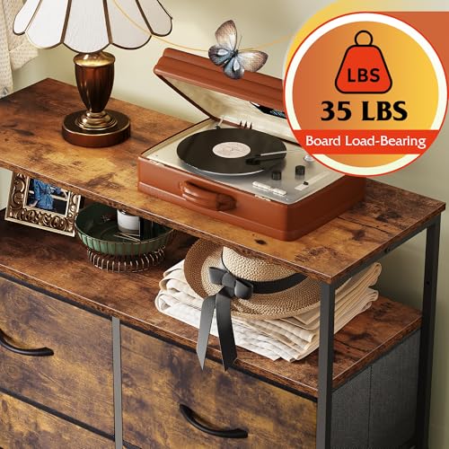 WLIVE Fabric Dresser for Bedroom with Open Shelves, Tall Dresser with 8 Drawers, Storage Tower with Fabric Bins, Chest of Drawers for Closet, Hallway, Rustic Brown Wood Grain Print - color: Rustic Brown Wood Grain Print, style: Raised Shelves