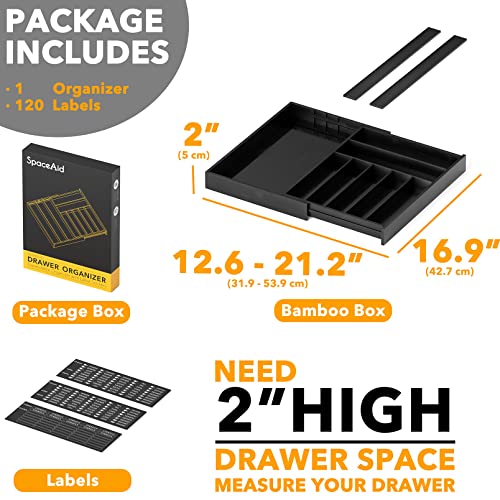 SpaceAid Bamboo Silverware Drawer Organizer with Labels, Kitchen Utensil Expandable Tray Holder Organizer for Flatware, Cutlery, Spoon and Knives Drawer Storage Organization (Black, 10 Slots) - color: Black