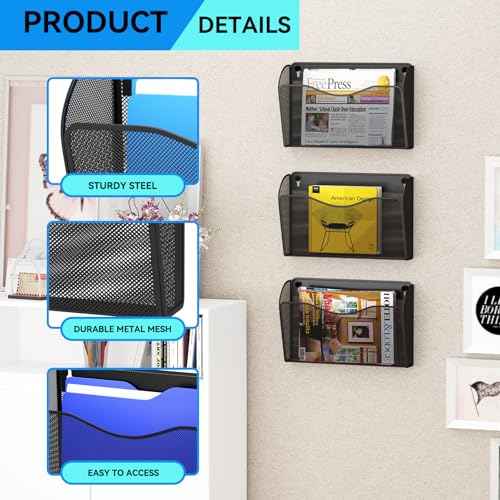 3 Single Pocket Wall File Holder, Mesh Hanging File Folder Paper Organizer, Vertical Wall Mounted Mail Basket, Storage Organization Magazine Rack for Office, Home and School, Black - color: Black, size: 3 Pack Wall Mounted