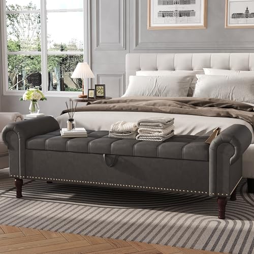 Apicizon 60” Bench with Storage, Upholstered Tufted Button Bedroom Bench with Storage, Faux Leather End of Bed Bench with Rolled Arms, Storage Ottoman Bench for Bedroom, Living Room, Entryway, Gray - color: A-grey, size: 60 Inches