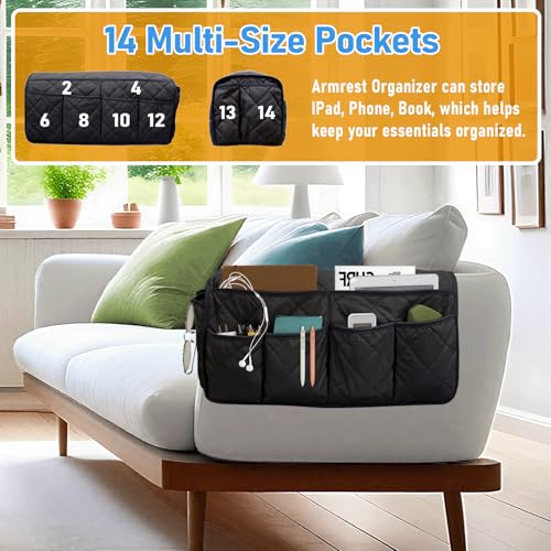 Armchair Caddy, Sofa Armrest Organizer, Non Slip Remote Control Holder for Recliners, Recliner Arm Caddy with 14 Pockets Storage for TV Remote, Phone, Magazine (Black) - color: Black