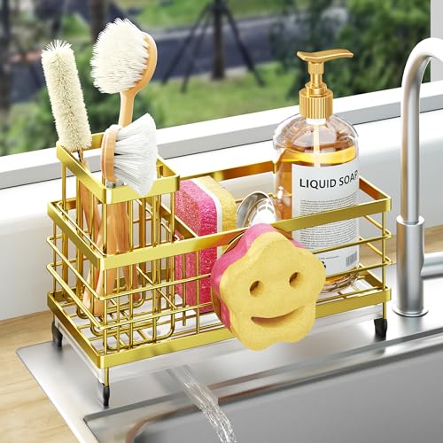 HapiRm Sink Caddy Sponge Holder - Self-draining Kitchen Sink Organizer with Smiley Face and Brush Holder, Stainless Steel Kitchen Organizer for Countertop - Gold - color: Gold, size: Twin