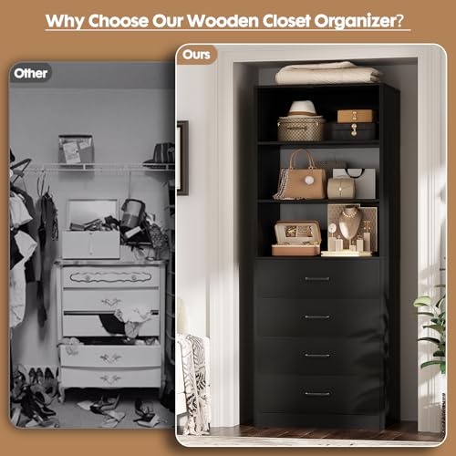 Aheaplus Closet Drawers System, 21.3" Wood Closet Organizer System with 4 Drawers, Modular Walk-in Closet System Storage Unit, Small Closets Wardrobe Rack, Tall Storage Cabinet Unit, Black - color: Black