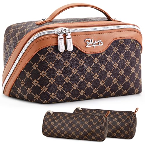 BOYATU Travel Makeup Bag Cosmetic Bags for Women: 3 Pcs Set Large Portable Make up Bag with Handle - Vegan Leather Toiletry Bags with Compartments - Makeup Organizer for Travel Essentials(A-1-Coffee) - color: A-1-Coffee