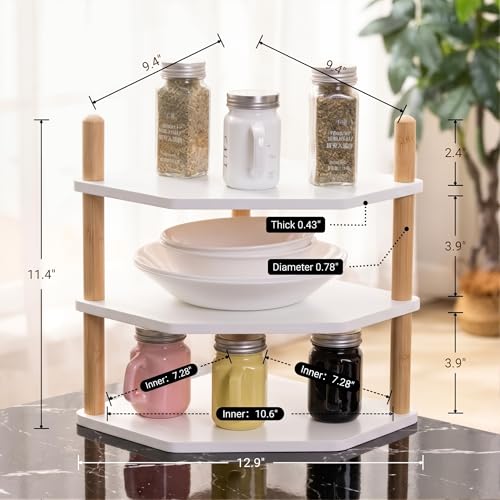 3-Tier Expandable Bamboo Corner Shelf - Dish/Plate Organizer for Cabinet, Kitchen Counter Shelf & Small Kitchen Shelf, Adjustable (White, 1-Pc 3.90" H) - color: 3.9"H-White-3