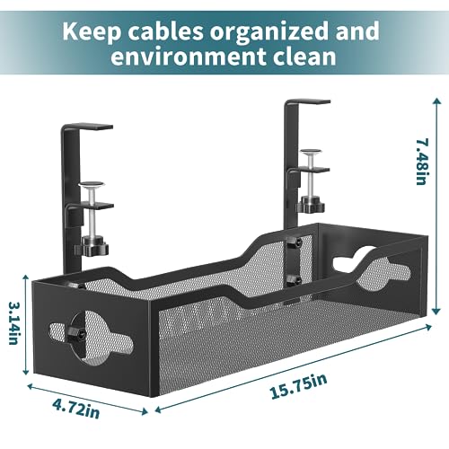 Under Desk Cable Management Tray Black, Litwaro Cable Management Under Desk No Drill, Cable Organizer with Clamp for Wire Management, Cord Organizer No Damage to Desk for Office, Home - color: Black, size: 15.75"