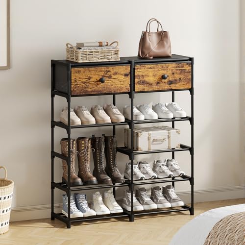 Shoe Rack, 6 Tier Shoe Rack Organizer with 2 Large Drawers, Shoe Storage for 20-24 Pairs, Sturdy Metal Shoe Shelf Shoe Stand for Closet Entryway, Rustic Brown and Black - color: Rustic Brown and Black, size: 6 Tier