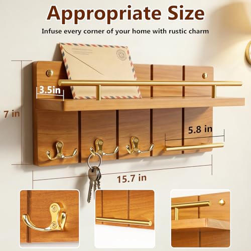 15.7" Teak Wood Key Hooks for Wall, Solid Wood Key Holder Wall Mount, Decorative Mail Organizer with Key Rack and Shelf, Rustic Home Decor for Entryway Living Room Bathroom Bedroom (Large Size) - size: 15.7 inch