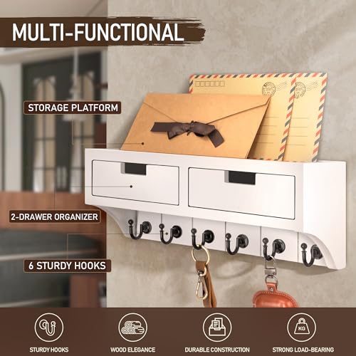 Rebee Vision Key Holder Wall Mount with Drawer Organizer: Mail Organizer with 6 Key Hooks & Dual Drawer Storage - Room Decor for Home and Apartment Essentials (Modern White) - color: White, style: 2-Drawer