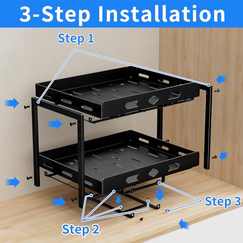 BOIVSHI Spice Organization for Cabinet, 2-Tier Cabinet Spice Rack, Height Adjustable Vertical Spice Rack Pull Out for Kitchen, Cabinet, Pantry (14.1''Wx10.8''Dx9.2''H, Metal Black) - size: 14.1''Wx10.8''Dx9.2''H,2 Tier