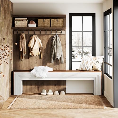 Tribesigns 71" Extra Long Entryway Bench, Modern Farmhouse Shoe Bench Wooden Indoor Seating with Layered Design for Hallway, End of Bed, Living Room, Sofa Back, Dining Room, Rustic Brown & White - color: Rustic Brown & White