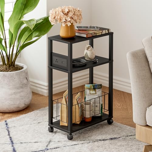 DGSANDGO Black Narrow Rolling Side Table with Charging Station (Outlets/USB Ports) & Storage Basket - Small Space End Table for Living Room Bedroom Office (Black) - color: Black, size: Basket Narrow-24.4"H 1 PC