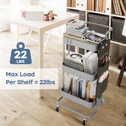 DTK 3 Tier Metal Utility Rolling Cart with Table Top and Side Bags, Tray Storage Organizer Wheels, Art Craft 4 Hooks for Kitchen Bathroom Office Living Room(Grey) - color: Gray, size: Large