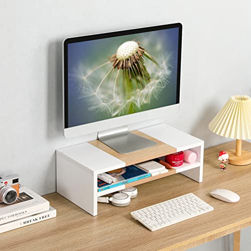 TEAMIX 2 Tiers Desktop Monitor Stand Riser 20 Inch Printer Stand with Storage Small TV Riser Laptop Wooden Desk Organizer Shelf Bookshelf Maple (White+Maple, 2 Tiers) - color: White+maple
