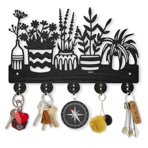 MAYJOYDIY Potted Plant Coat Hooks Wall Mount Wood Flower Pot Key Holder 11.87.9inch 5 Alloy Hooks Black Key Rack Organizer for Gift Wall Art Decor Florists Entryway Hallway Kitchen Room - color: Potted Plant