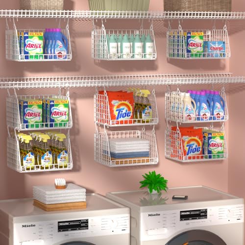 PUPPYCUTE 3-Pack Laundry Room Organization and Storage, Hanging Wire Basket for Laundry with 360°Rotating Hooks, Over Washer and Dryer Shelves, Laundry Organizers and Storage Basket, white - size: For wire shelving-3 pcs