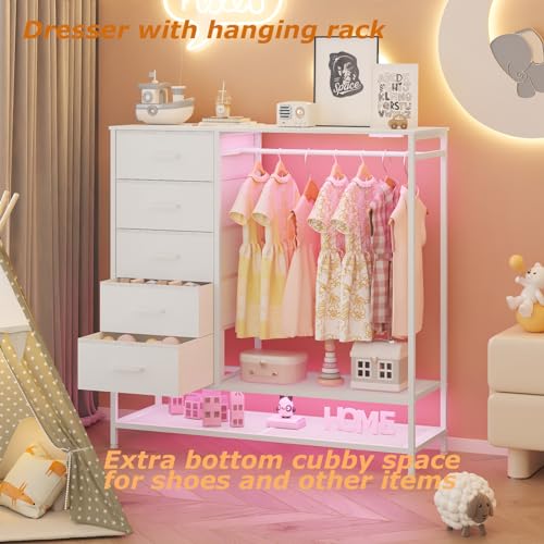 Dresser for Bedroom, Dresser with Hanging Rack Led Lights and Charging Station, White Bedroom Dresser with 5 Fabric Chest of Drawers with PU Finish Storage Organizer, for Living Room Hallway, White - color: White