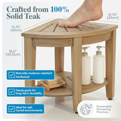 AquaTeak 15.5" Kai-Raw Corner Teak Shower Bench - Shower Stool with Storage Shelf for Bathroom - Durable Water Resistant Shower Chair - Shaving Foot Rest - Indoor & Outdoor Use - size: Raw, style: Corner Stool With Shelf