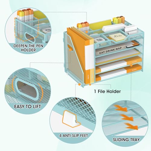 5 Tier Paper Letter Tray with File Holder and 3 Drop-in Pen Holders, Mesh Desk File Organizer with Handle, Desk Organizers and Accessories for School,Home, Office Supplies Storage-Blue - color: 5 Tier with File Holder-Blue, size: 15.4" x 9.1" x 10.3"