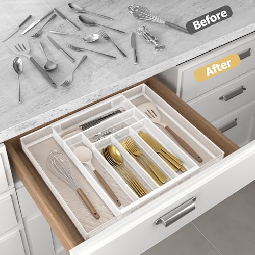 Sedegn Silverware Organizer Metal Mesh, Large Drawer Organizer, Utensil Cutlery Tray for kitchen drawers, Expandable Flatware Organizer with 8 Compartment White 11.6"~20" x 17.3" - color: White, size: Expandable 11.6"~20" x 17.3"
