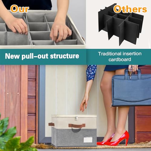 Shoe Organizer for Closet, Foldable Shoe Storage Bins with Clear Cover, Space Saving Shoes Holder with 4 Handles, Large Adjustable Shoe Box Storage Containers, Fits 8-16 Pairs, 2 Pack, Beige - color: Beige and Grey, size: (2 Pack) 17"L x 17"W x 12 ½"H