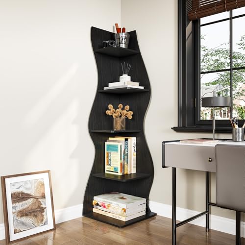 LITTLE TREE Small Corner Shelf, Modern 5-Tier Wall Corner Bookshelf, Stylish Bookcase Storage Rack for Small Space, Living Room, Bedroom - color: Black, size: 1 Pack