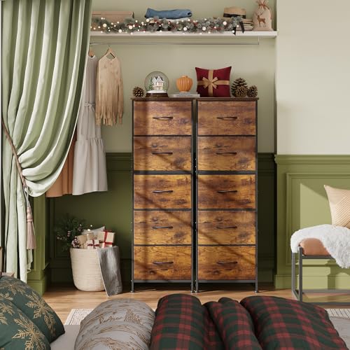 WLIVE Fabric Dresser for Bedroom, 5-Drawer Tall Dressers, Storage Organizer with Fabric Bins, Wood Top, Sturdy Steel Frame, Chest of Drawers for Closet, Hallway, Rustic Brown Wood Grain Print - color: Rustic Brown Wood Grain Print